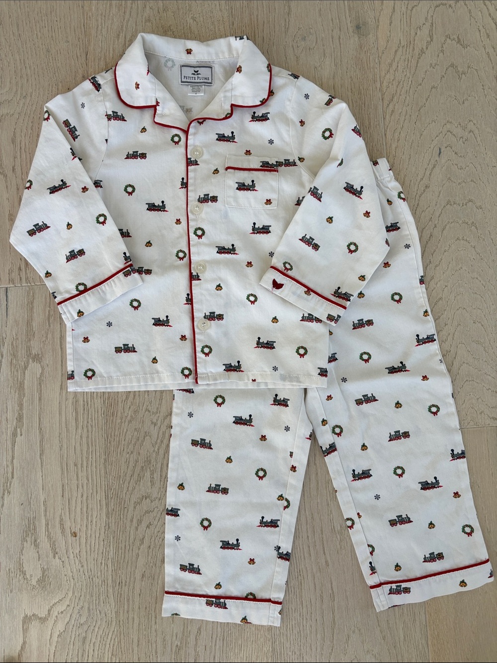 Petit Plume White Train-Print Kids Pajama Set with Red Piping